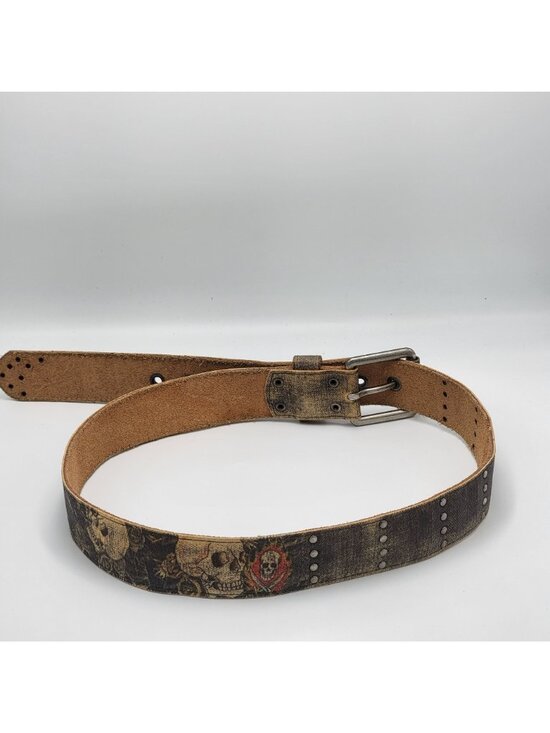 Vtg Y2K Ed Hardy Gothic Handmade Leather Belt with Skull Design & Stud Details S main image 14